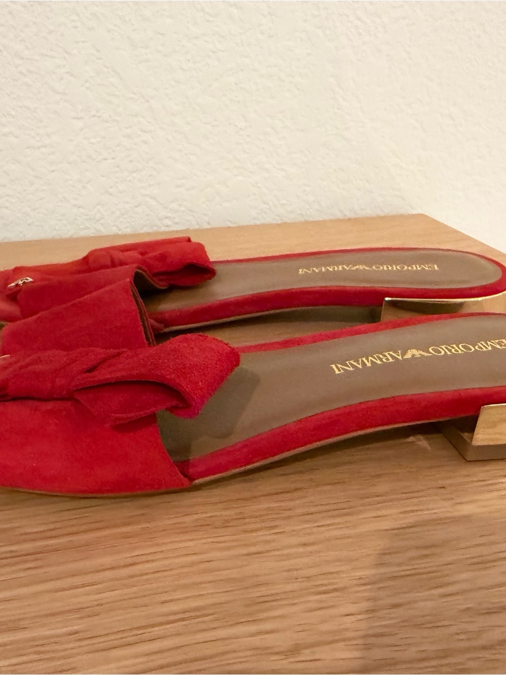 Emporio Armani Red Suede Bow Slide Sandals Gold Heel EU 37 US 7